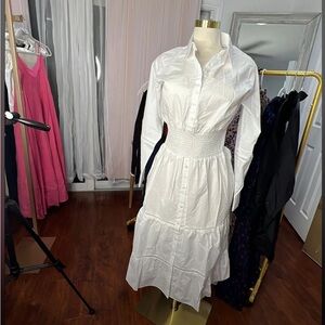 Thakoon white smocked waist maxi dress with ladder trim